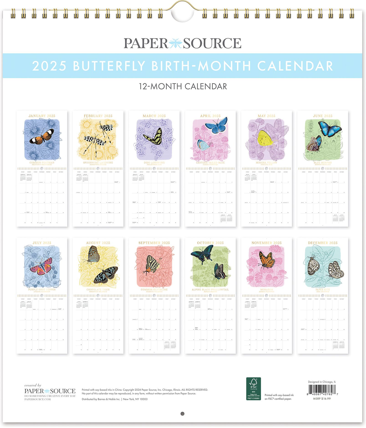 2025 print Butterfly Birth Month Calendar Wall Calendar with Foil